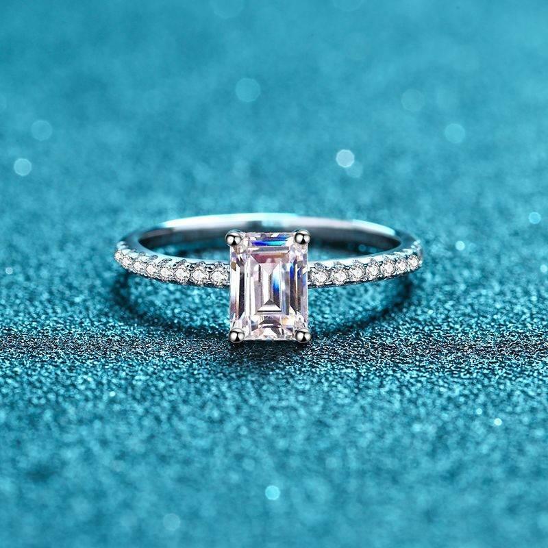 S925 Emerald Cut Moissanite Engagement Ring, Sterling Silver Promise Ring with Pavé Band, Dainty CZ Bridal Wedding Jewelry, Gift for Her