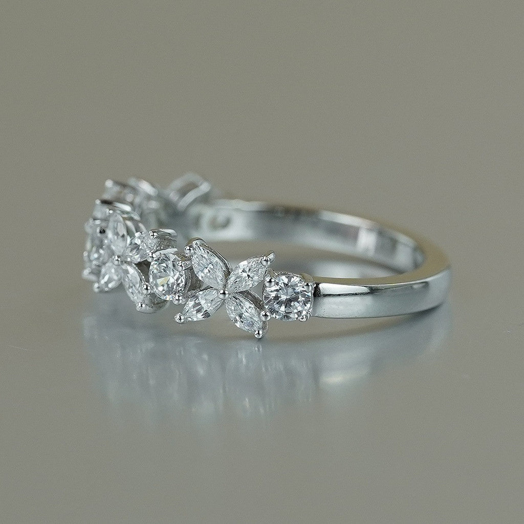Four-Leaf Clover D-Color VVS1 Moissanite Engagement Ring in Sterling Silver with White Gold Plating