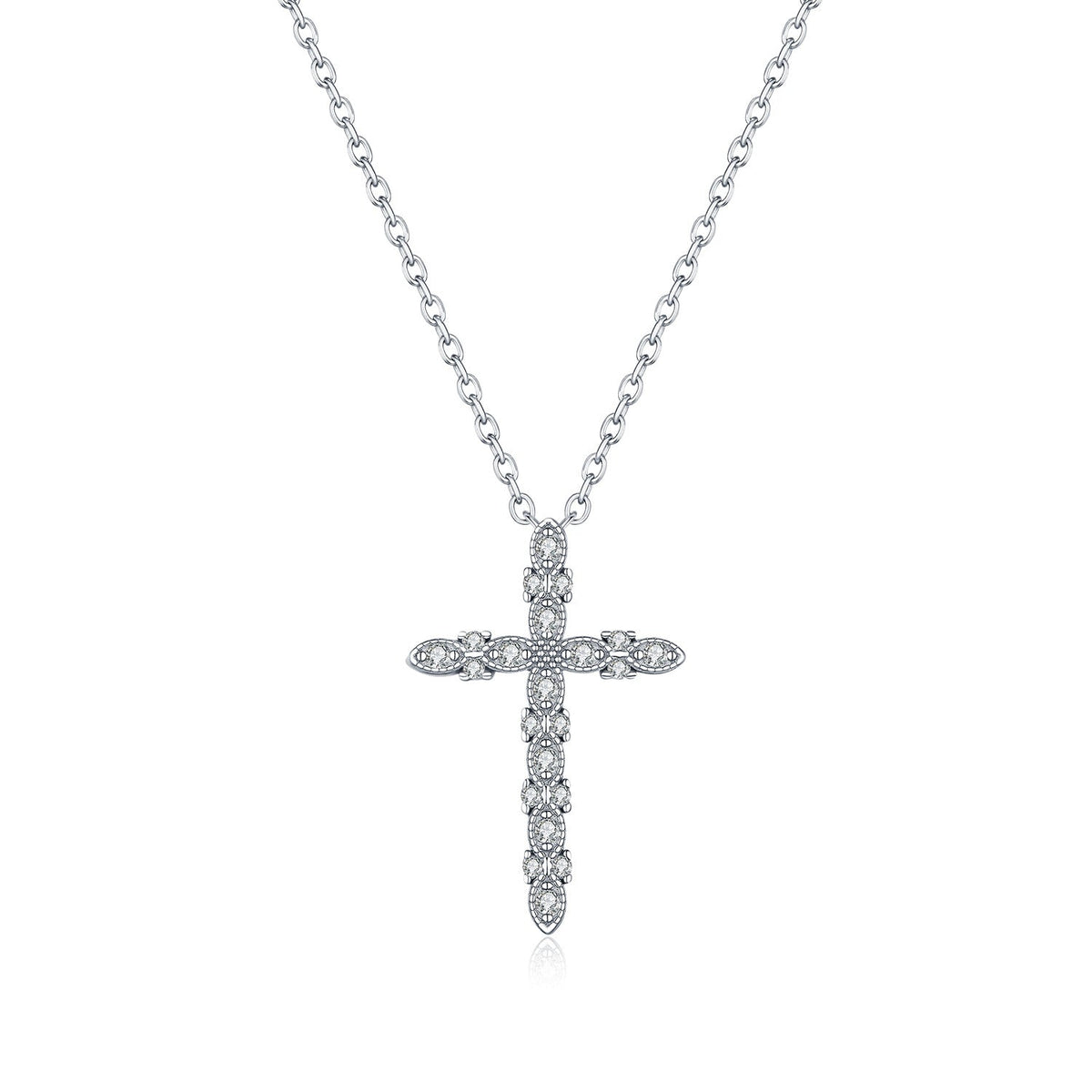 Sterling Silver Cross Pendant Necklace with Sparkling D-Color VVS1 Moissanite Stones – Delicate Clavicle Chain