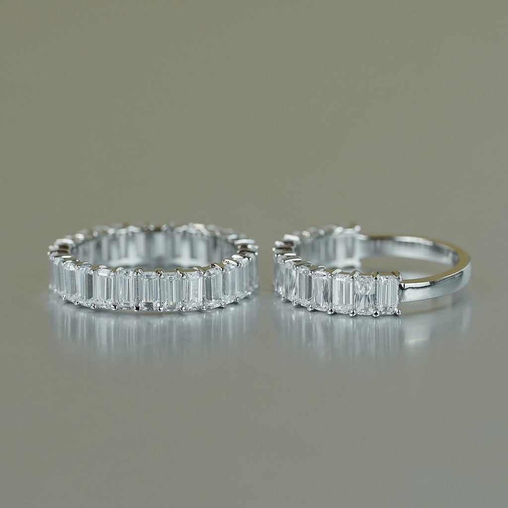 Emerald-Cut D-Color VVS1 Moissanite Stack Engagement Ring in Sterling Silver – Full or Half Band Sparkle