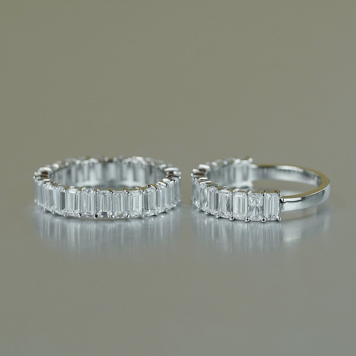 Emerald-Cut D-Color VVS1 Moissanite Stack Engagement Ring in Sterling Silver – Full or Half Band Sparkle