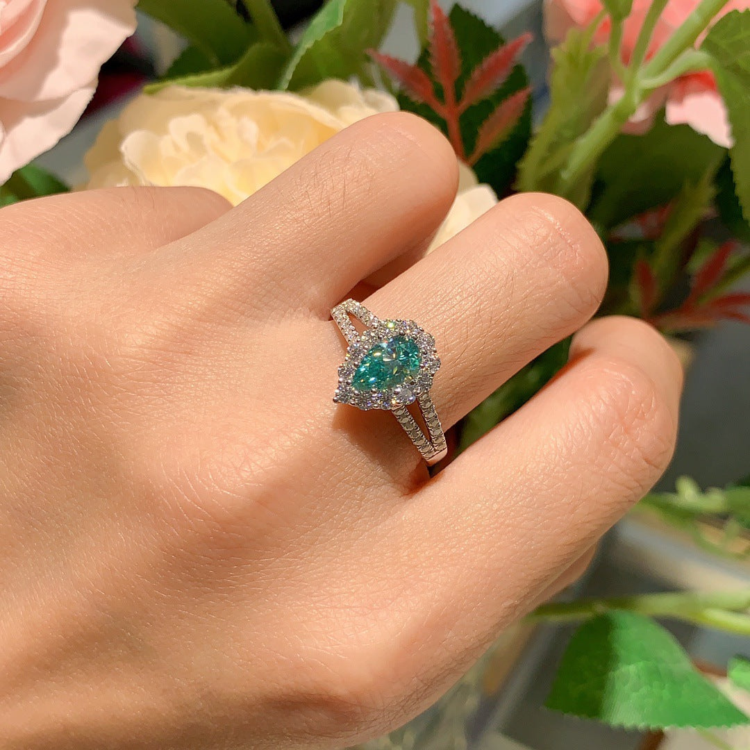 Horus Lake Blue Teardrop D-Color VVS1 Moissanite Engagement Ring in 18K Gold-Plated Sterling Silver