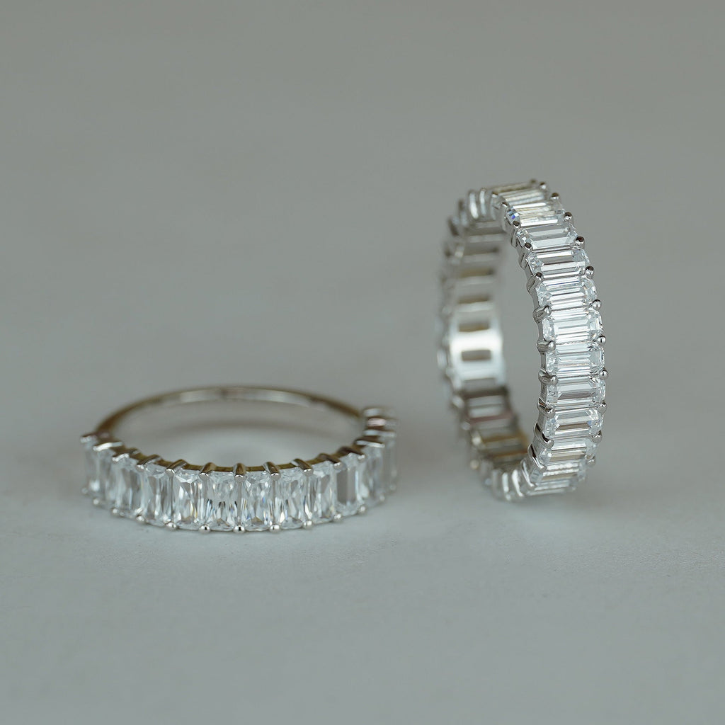 Emerald-Cut D-Color VVS1 Moissanite Stack Engagement Ring in Sterling Silver – Full or Half Band Sparkle