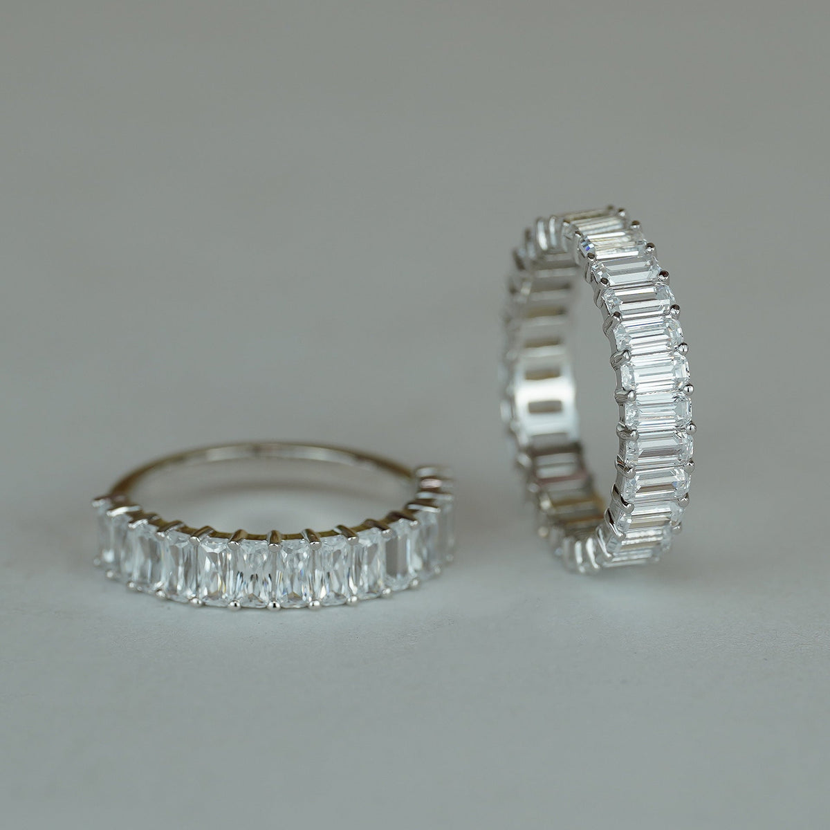 Emerald-Cut D-Color VVS1 Moissanite Stack Engagement Ring in Sterling Silver – Full or Half Band Sparkle