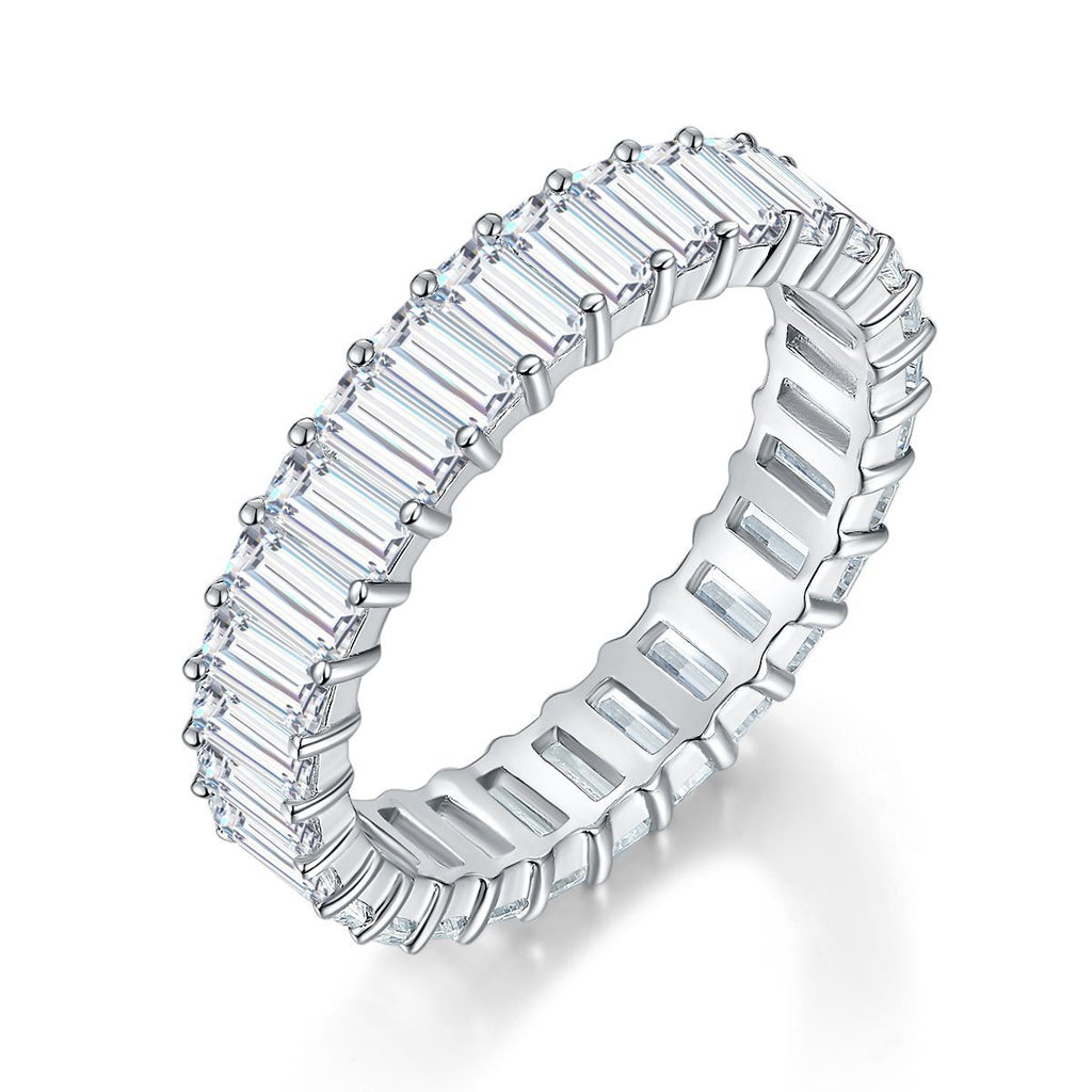 Emerald-Cut D-Color VVS1 Moissanite Stack Engagement Ring in Sterling Silver – Full or Half Band Sparkle