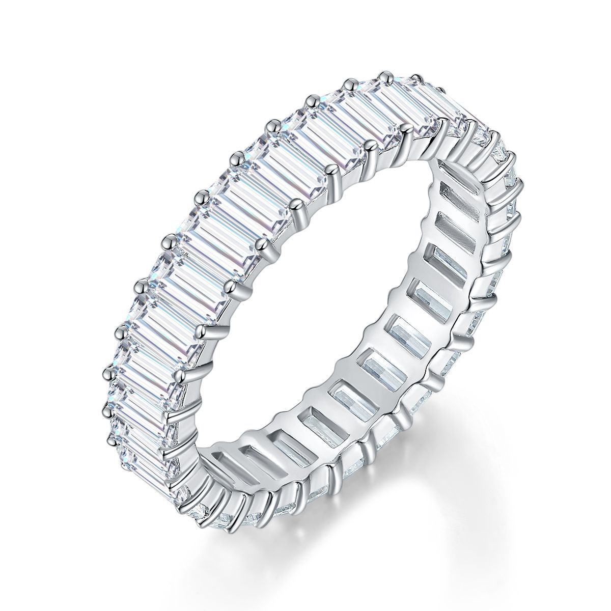 Emerald-Cut D-Color VVS1 Moissanite Stack Engagement Ring in Sterling Silver – Full or Half Band Sparkle