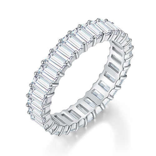 Emerald-Cut D-Color VVS1 Moissanite Stack Engagement Ring in Sterling Silver – Full or Half Band Sparkle