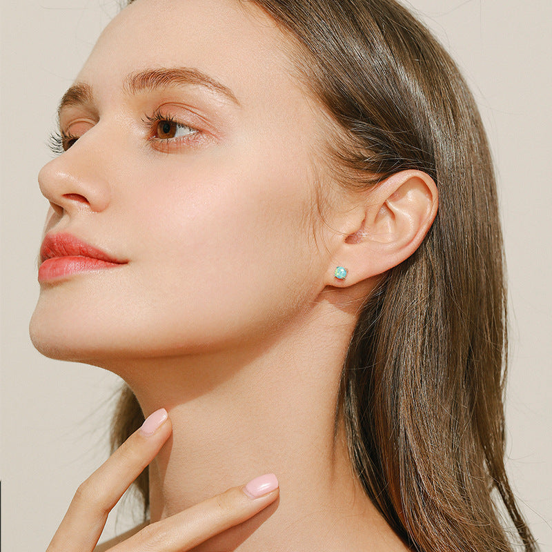 Minimalist Sterling Silver and Gold Geometric Stud Earrings with Opal Accents