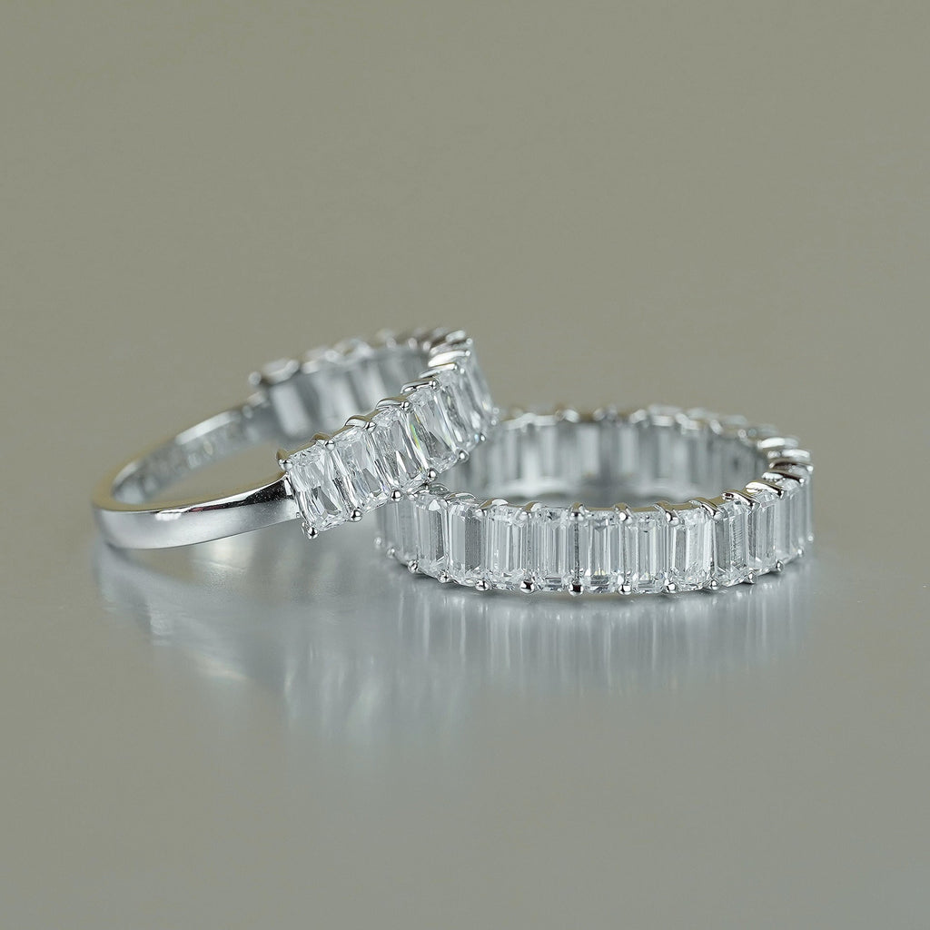 Emerald-Cut D-Color VVS1 Moissanite Stack Engagement Ring in Sterling Silver – Full or Half Band Sparkle