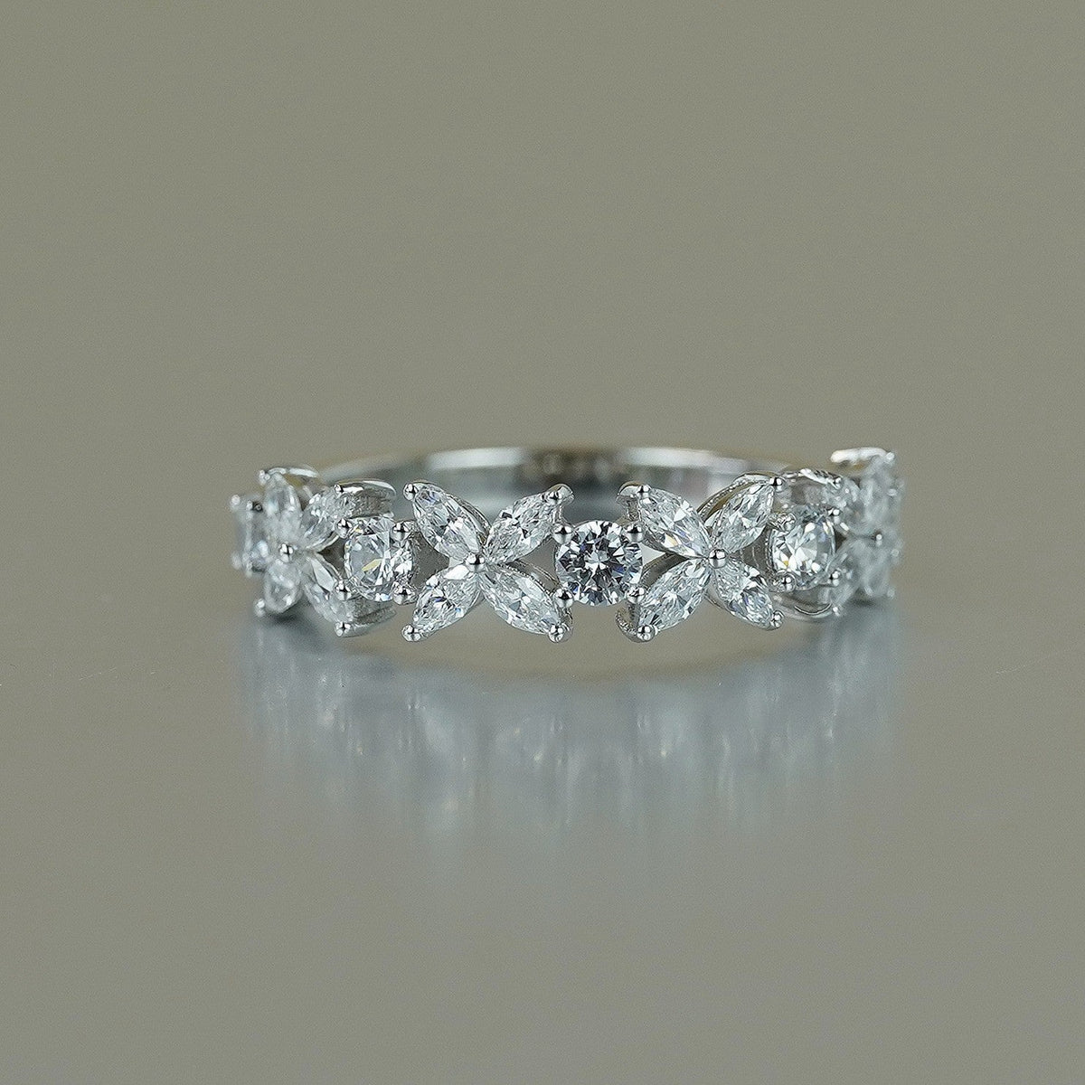 Four-Leaf Clover D-Color VVS1 Moissanite Engagement Ring in Sterling Silver with White Gold Plating