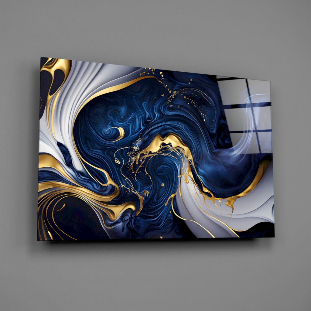 Elegant Gold Swirls on Midnight Blue Glass Wall Art