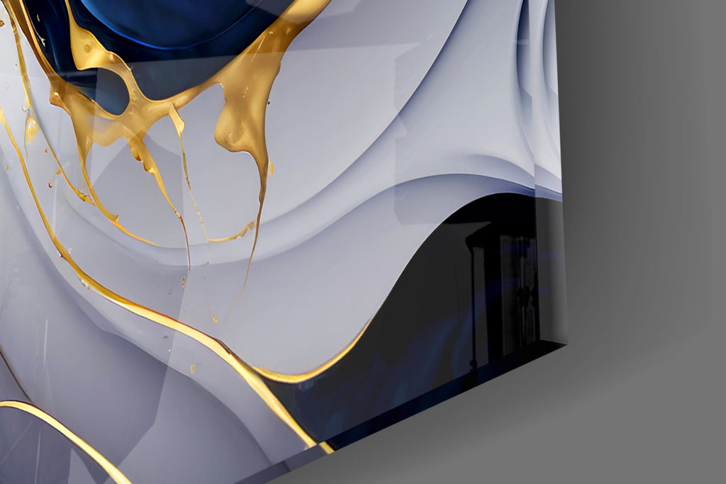 Elegant Gold Swirls on Midnight Blue Glass Wall Art