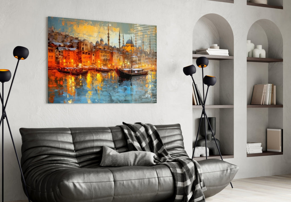 Golden Istanbul Harbor Sailboats Glass Wall Art