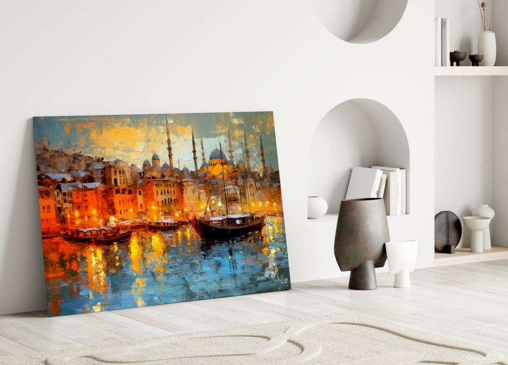 Golden Istanbul Harbor Sailboats Glass Wall Art