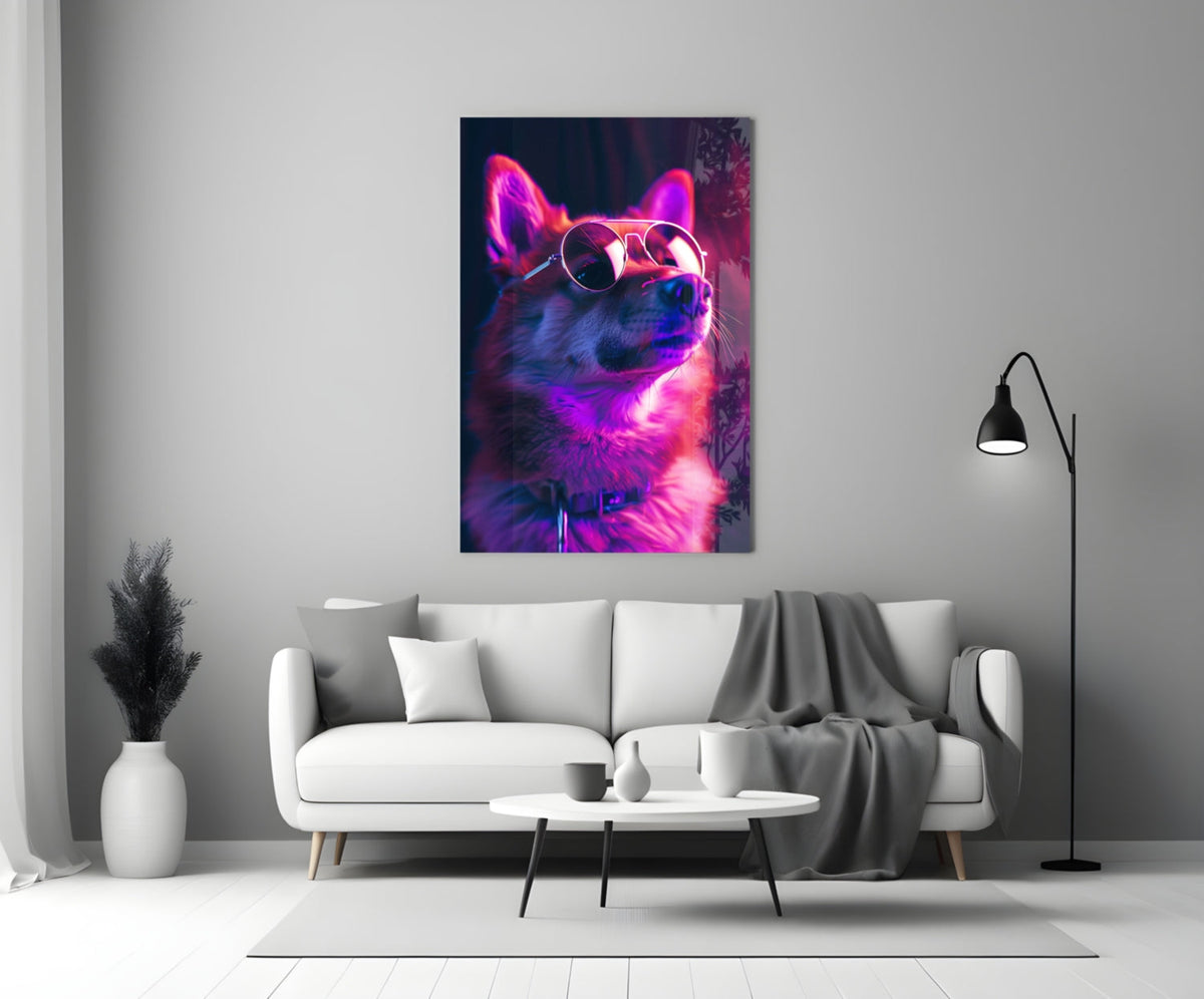 Pink Neon Shiba Aviator Dog with Glasses Glass Wall Art