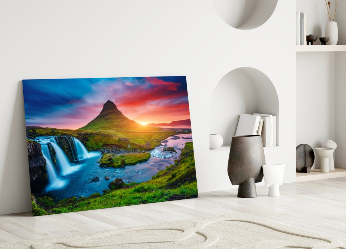 Kirkjufellsfoss Waterfall and View Glass Wall Art