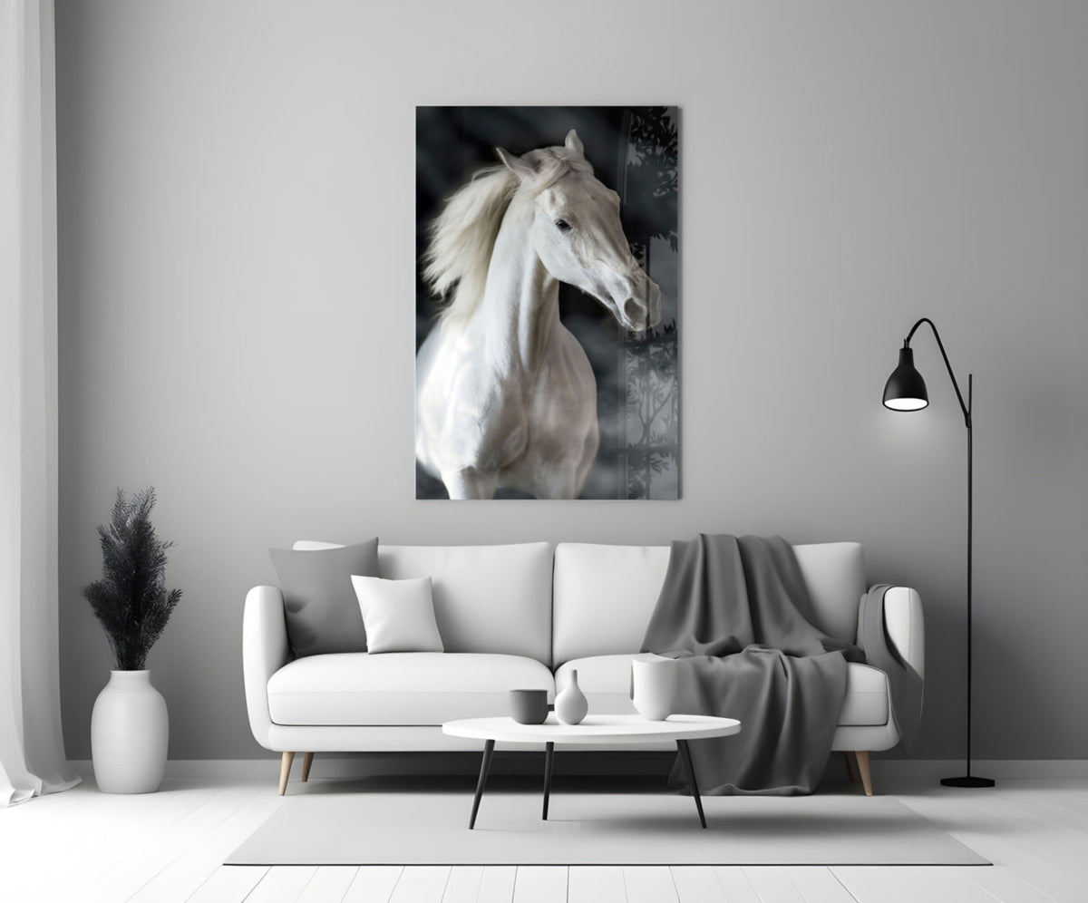 Flowing Mane White Stallion Glass Wall Art
