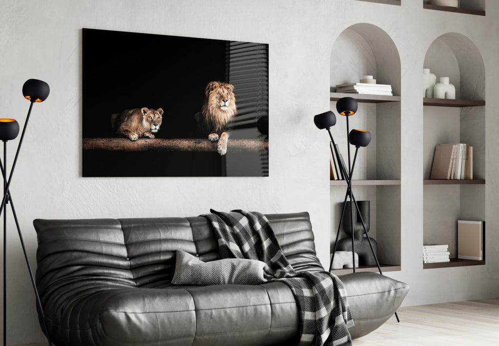 Lion and Lioness Resting on Log Glass Wall Art