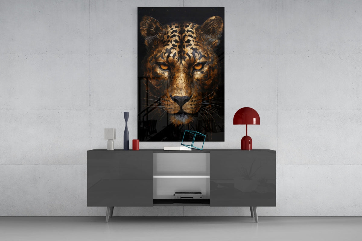 Golden Bronze Leopard Glass Wall Art