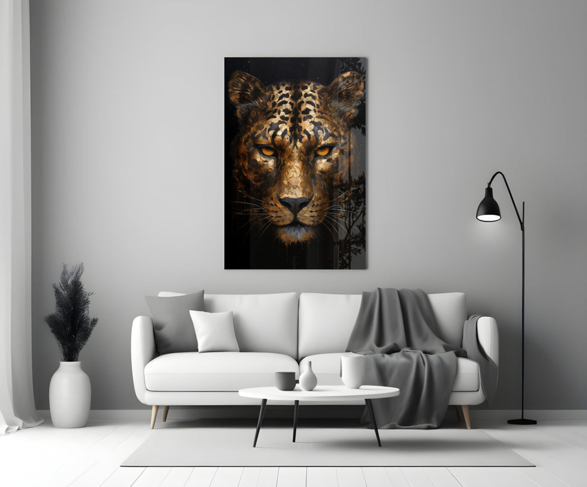 Golden Bronze Leopard Glass Wall Art