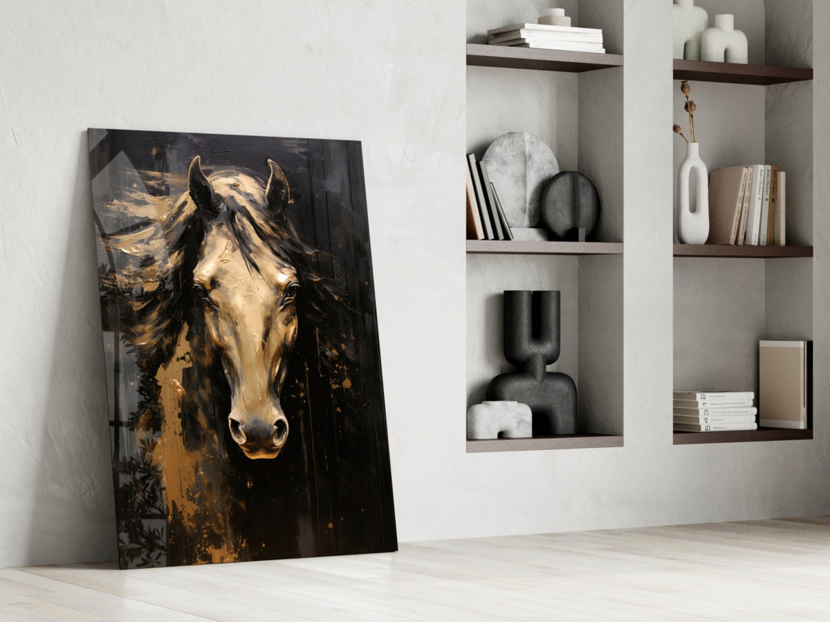 Golden Horse Head Black Glass Wall Art