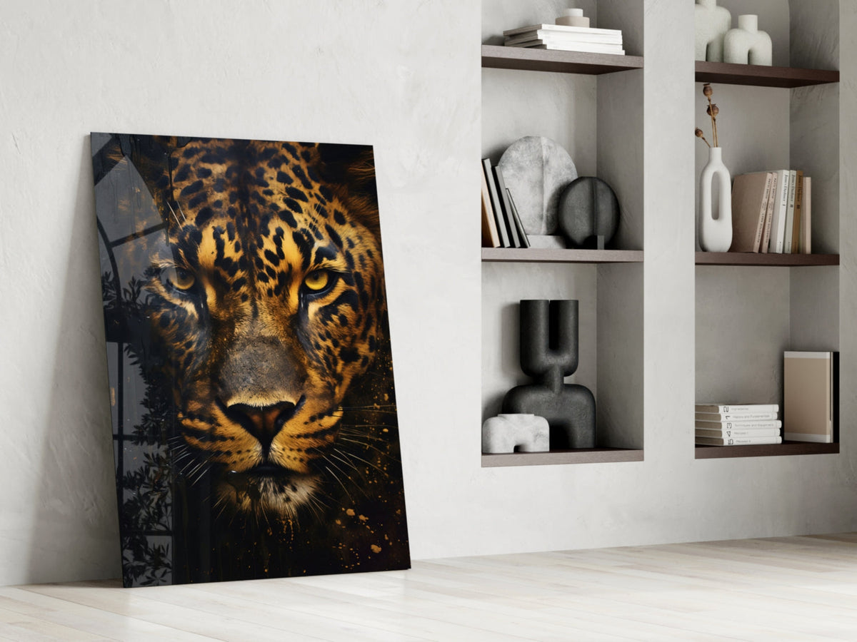 Fierce Golden Leopard Glass Wall Art
